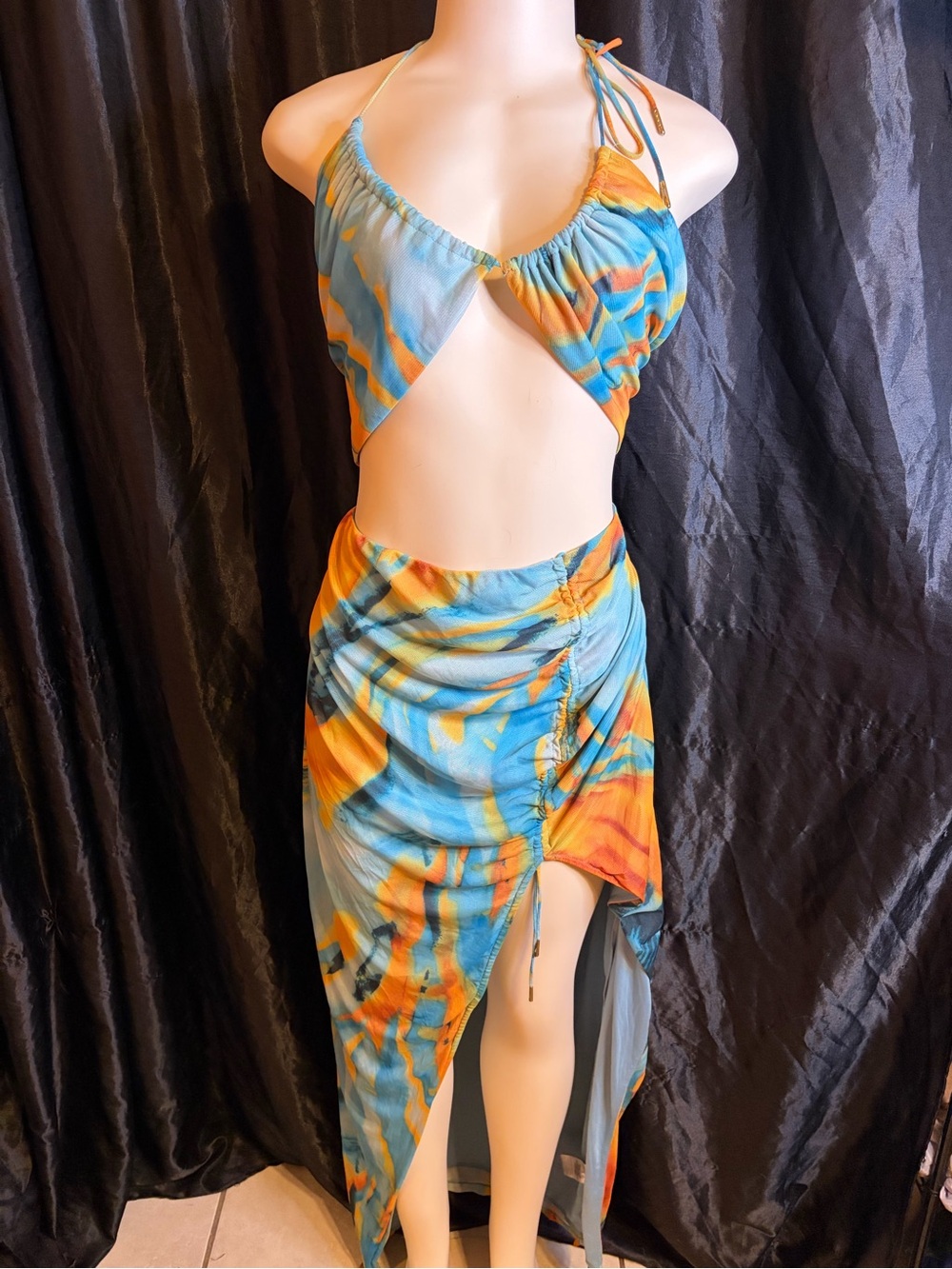 Fashion Nova Blue and Orange Tie-Dye Asymmetrical Cutout Dress